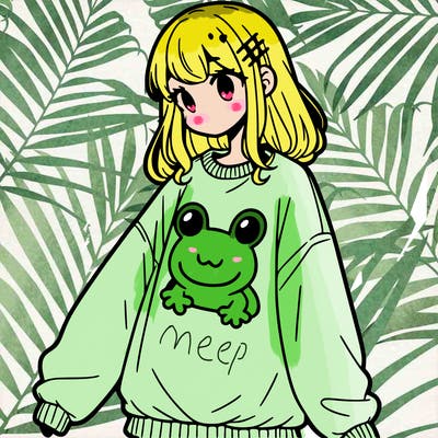 girl wearing frogging sweatshirt