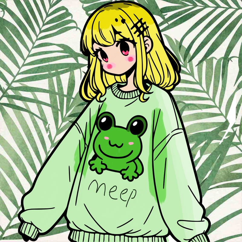 girl wearing frogging sweatshirt