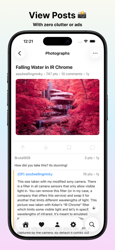 Artemis for Reddit - Interface of Artemis for Reddit showing a high quality photography post with a clean design and no ads
