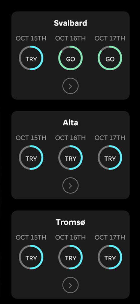 Norway Lights - Norway Lights app interface showing a 3 day aurora borealis forecast for Svalbard Alta and Tromso