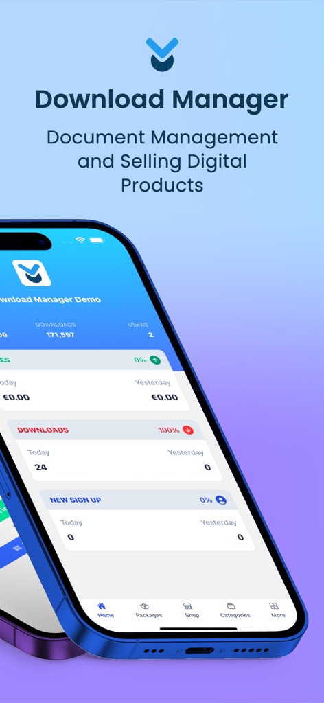 Panel de la aplicación móvil WP Download Manager que muestra las ventas de productos digitales y estadísticas de descargas de documentos en un iPhone.