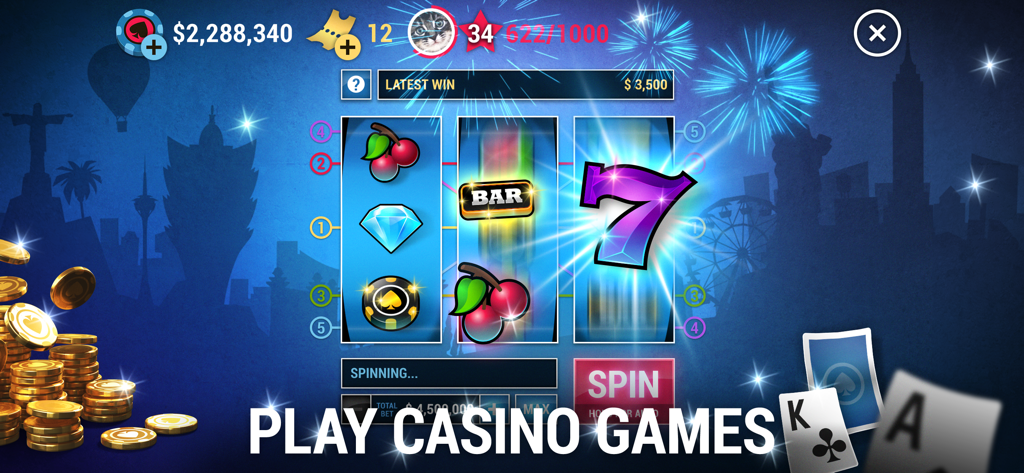 Poker World - Offline Poker - 'Play Casino Games'라는 텍스트와 도시 스카이라인 배경이 특징인 포커 월드의 슬롯머신 게임플레이 화면