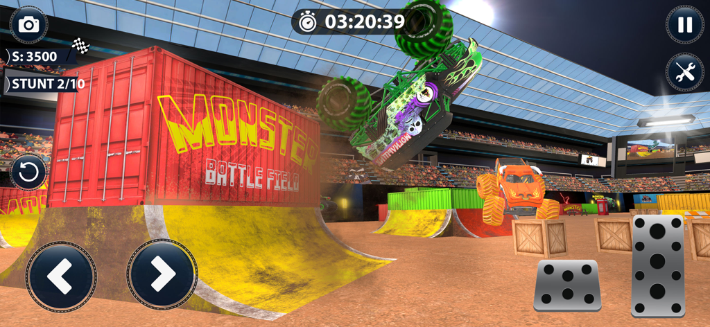 Monster Truck 4x4 Mania Racing - Un monster truck morado realizando un salto acrobático en el aire en una arena de carreras con física realista