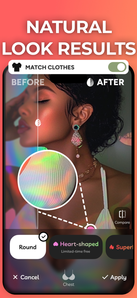 Before and after comparison showing natural results of the AI chest editor tool in Pic+ app