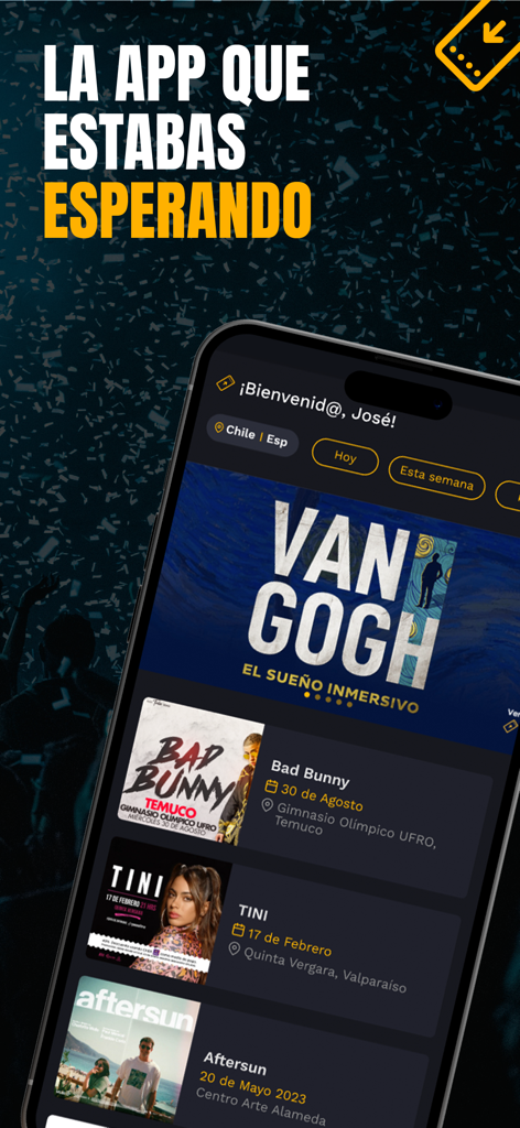 Mobile phone screen showing the Passline app with event listings for concerts and immersive experiences.