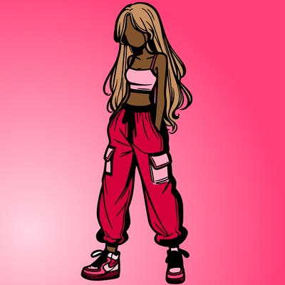 girl in baggy pants crop top and long hair