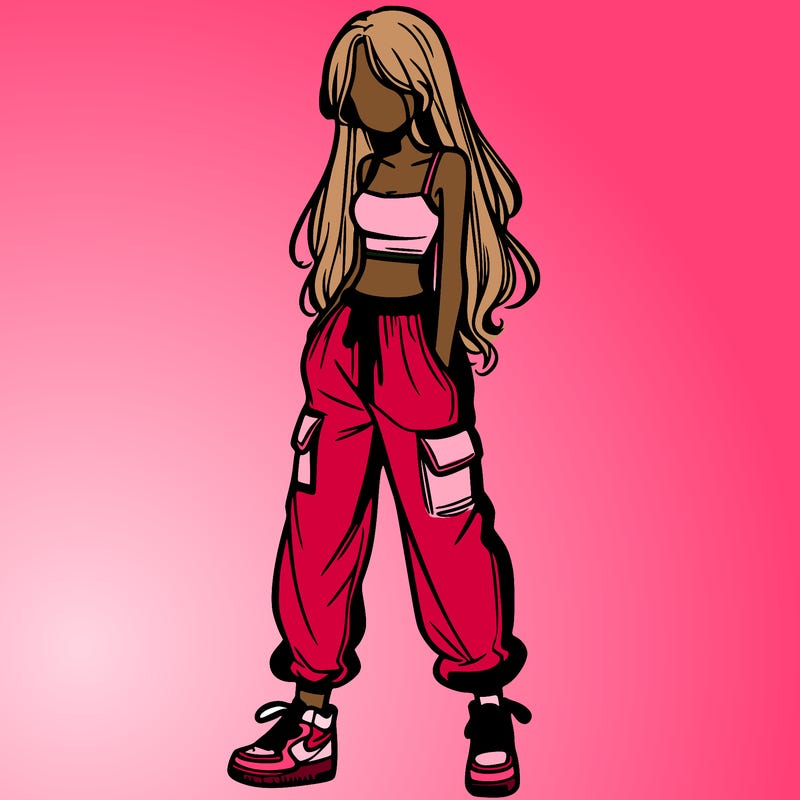 girl in baggy pants crop top and long hair