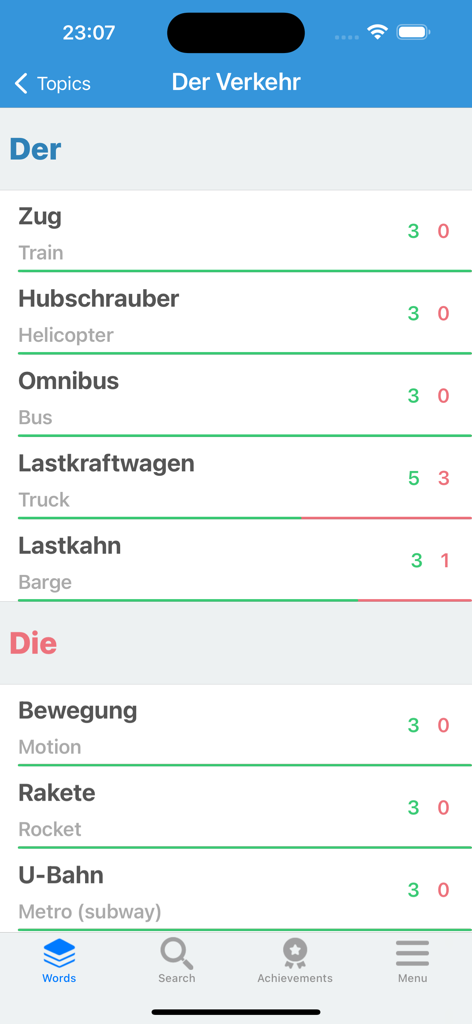 Una lista de sustantivos alemanes de transporte organizados por los artículos de género Der y Die con indicadores de puntuación.