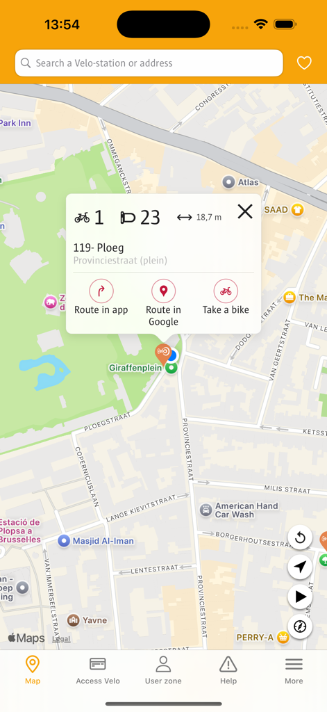 Velo Antwerpen - Map view of the Velo Antwerpen app showing real-time bike and slot availability at a station.