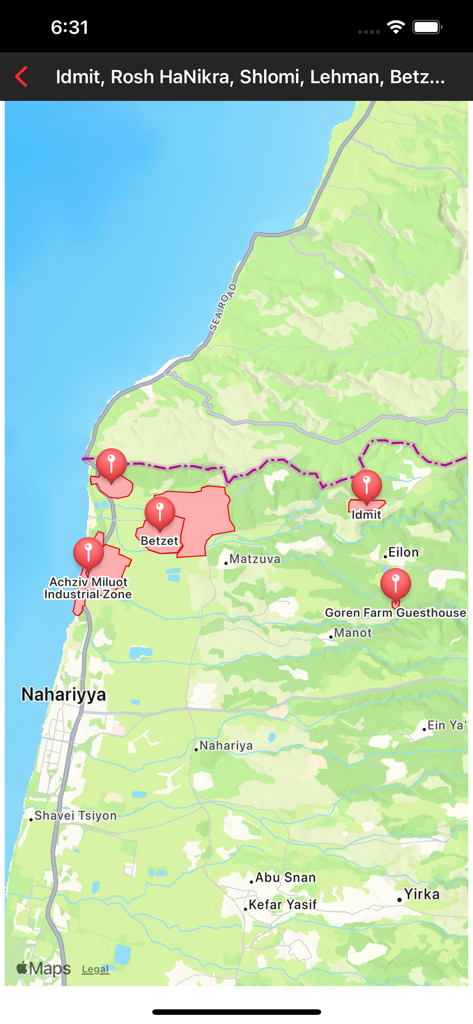 A map of Israel showing real-time emergency alert locations marked in red.