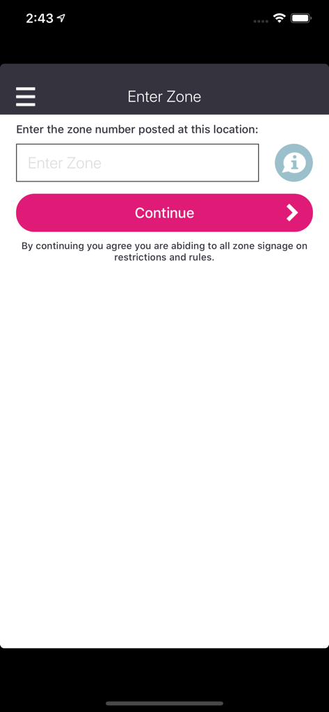 Parking Kitty - The enter zone screen of the Parking Kitty parking app