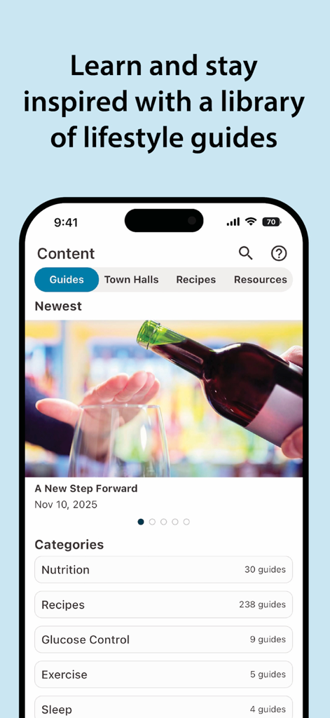 Schermata dell'app RECODE che mostra una libreria di guide sullo stile di vita per ricette nutrizionali, controllo del glucosio, esercizio fisico e sonno.