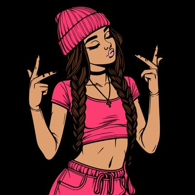 realistic teenage girl with braids and a beanie and crop top doing 🫶🏼