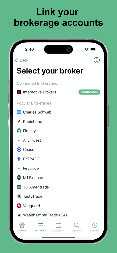Dividend Tracker - DivTracker - DivTracker app screen showing a list of major stock brokers available for automated portfolio syncing
