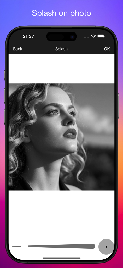 iPhone screen showing Pic Lab photo editor splash tool on a black and white portrait with selective red color on the lips
