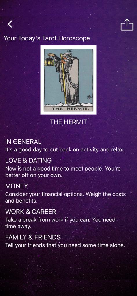Daily tarot reading interface showing the Hermit card and horoscope predictions for love money and career