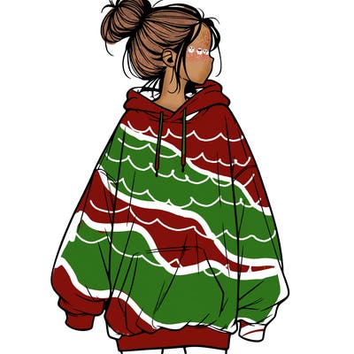 realistic girl with a oversized sweatshirt on and a bun