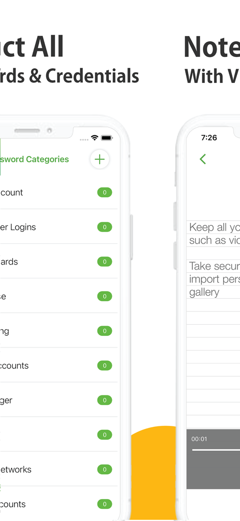Interface of the Calculator vault app showing secure password management and private notes with voice recording