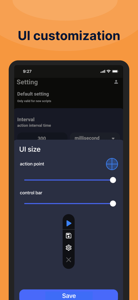 GC Auto Clicker - Écran de personnalisation de l'interface utilisateur dans l'application GC Auto Clicker montrant des curseurs pour ajuster la taille du point d'action et la barre de contrôle