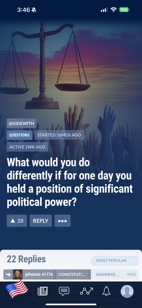 Political discussion question screen in the iSideWith mobile app
