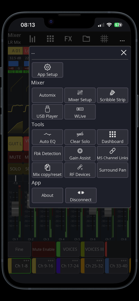 Mixing Station app interface showing the tools and mixer setup menu over the audio console view.