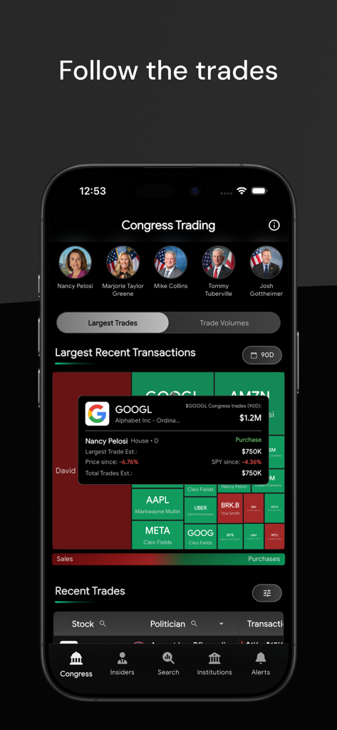 Quiver Quantitative - Tela do aplicativo Quiver Quantitative mostrando dados de negociação de ações do Congresso dos EUA e transações recentes.