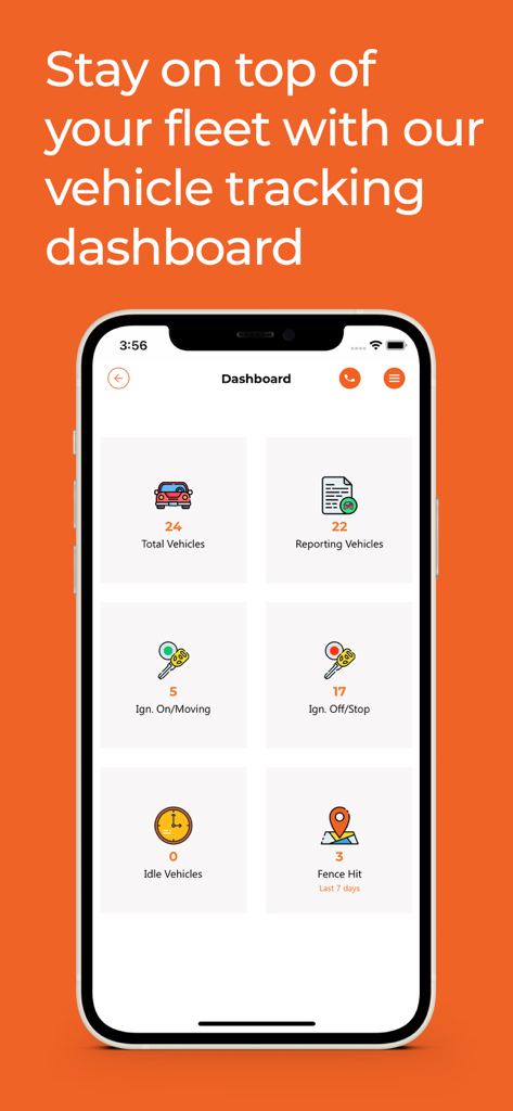 Falconi - Falconi mobile app dashboard displaying real-time vehicle fleet tracking statistics and ignition status
