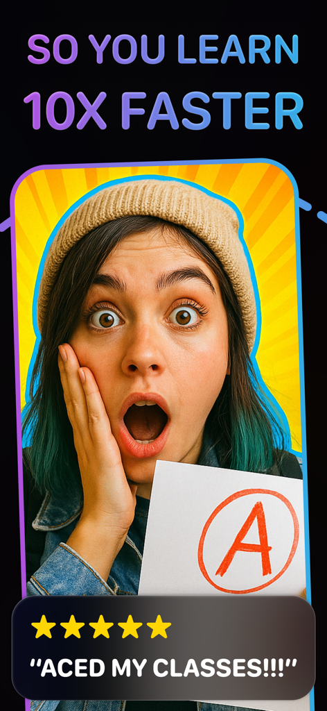 A surprised student holding a paper with an A grade and text claiming to learn 10x faster.
