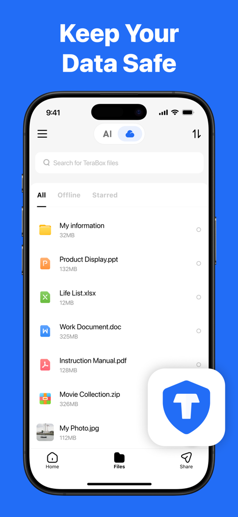 Interface de l'application mobile TeraBox montrant une liste de fichiers et de dossiers stockés avec le titre Keep Your Data Safe