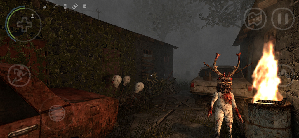 Soviet Project: Horror game - A mutated creature with antlers stands near a burning barrel in a dark abandoned Soviet town environment.