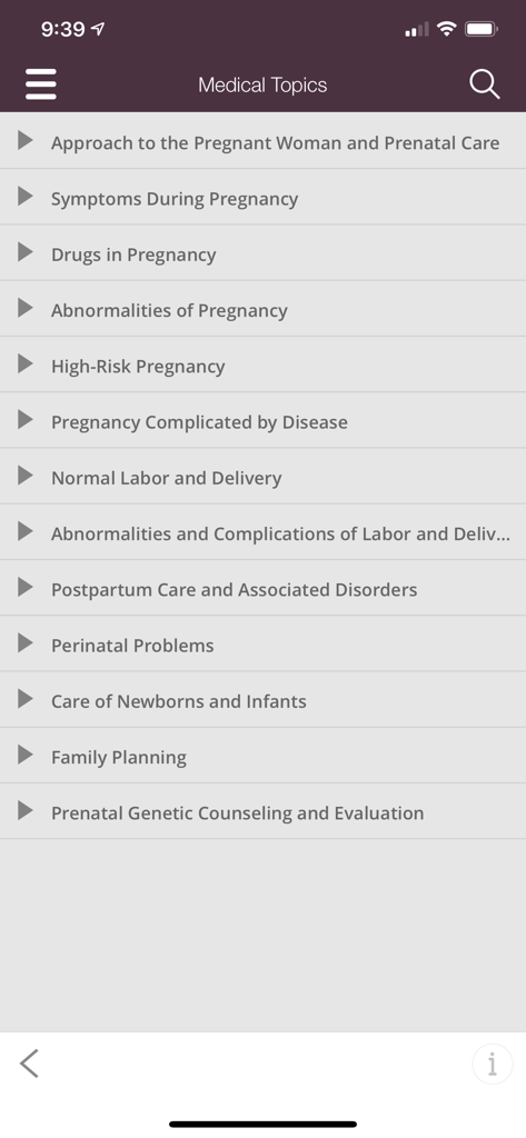 MSD Manual Guide to Obstetrics - A menu listing medical topics within the MSD Manual Guide to Obstetrics app including pregnancy care and labor and delivery.