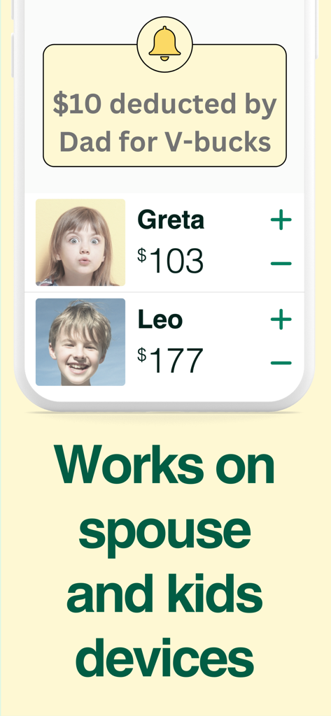 Piggy Bank Kids - Bomad - Screenshot of the Bomad app showing kids virtual balances and a notification of a deduction for a purchase