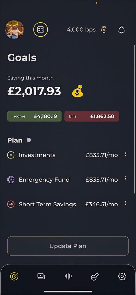 Pouch - Mobile app screen showing financial savings goals and a monthly budget plan