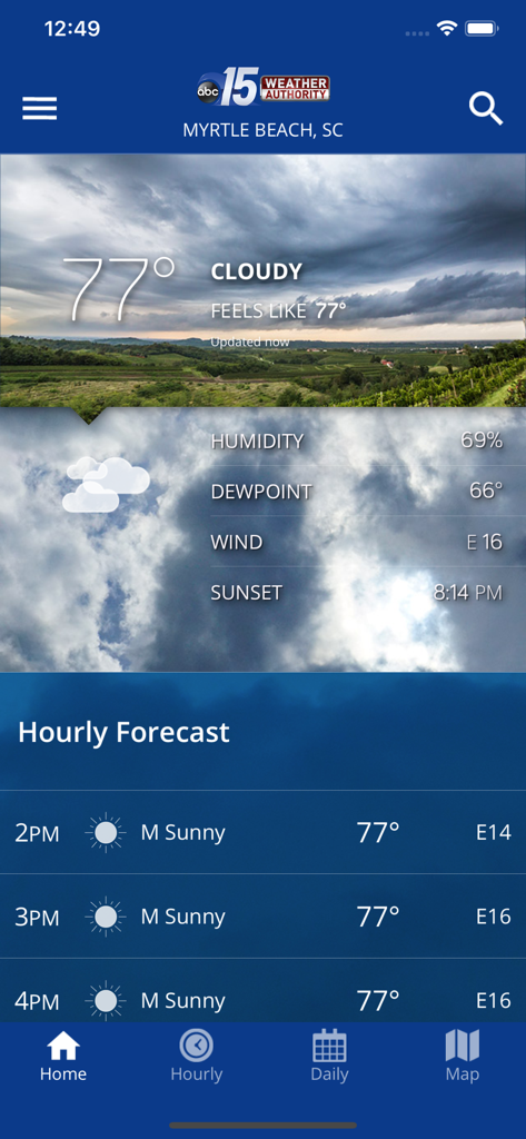 WPDE WX app interface showing current weather and hourly forecast for Myrtle Beach