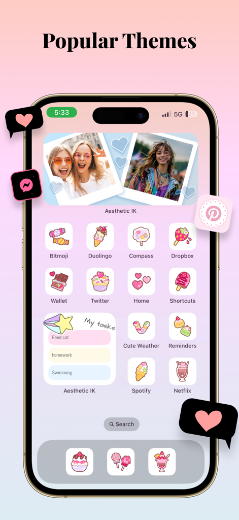 Aesthetic Kit: Photo Widget - Pantalla de inicio de iPhone que muestra un tema estético popular con iconos y widgets pastel personalizados.