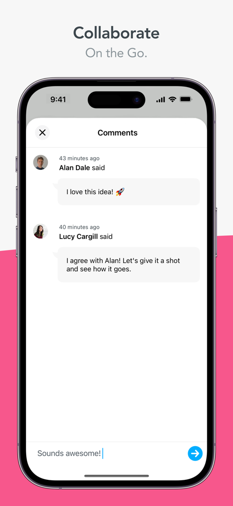 MindMeister mobile app showing real-time collaboration and team comments