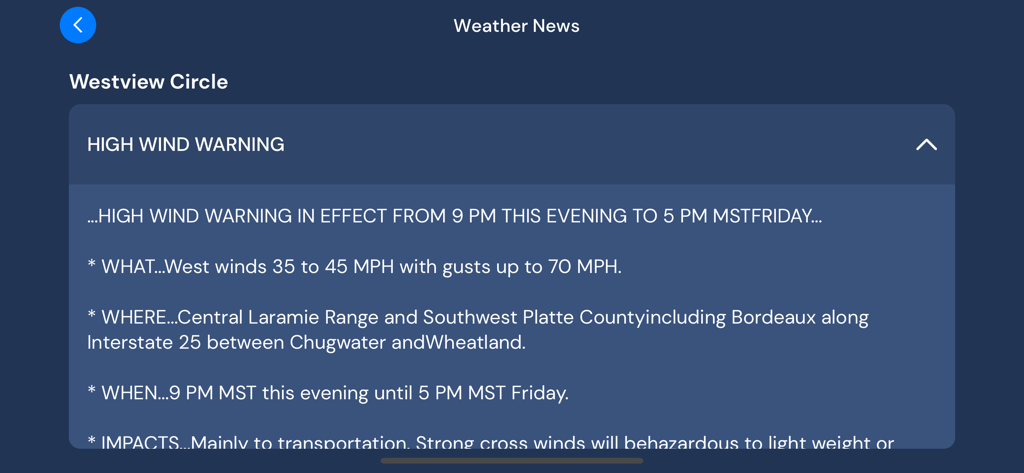 A high wind warning alert for Westview Circle displayed on the WeatherNation mobile app.