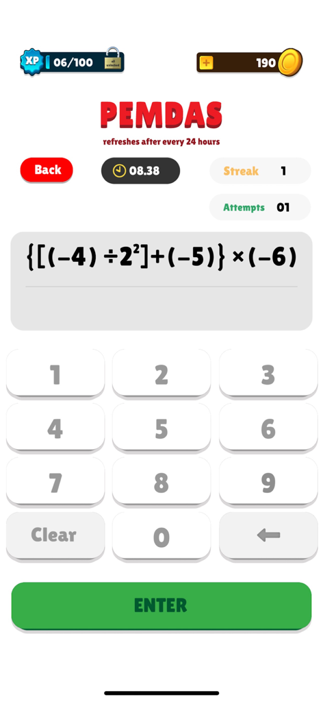 Quick Math Daily - PEMDAS math challenge screen in the Quick Math Daily app featuring a complex order of operations equation and a numeric keypad.