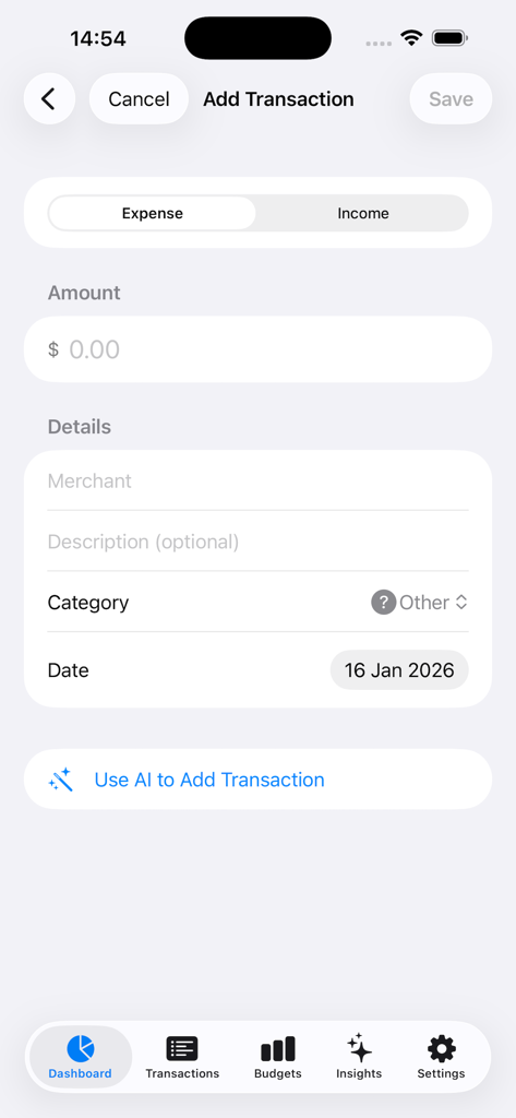Interface de saisie manuelle des transactions dans l'application Budget and Money Tracker AI montrant les options de dépenses et de revenus