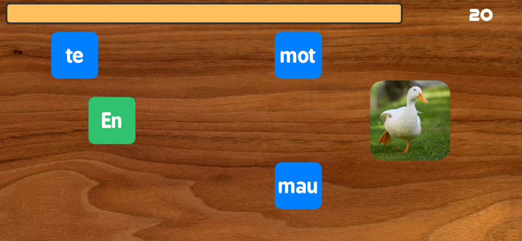 Schreiben mit Silben - Interface do aplicativo de aprendizado de alemão mostrando blocos de sílabas e uma foto de um pato