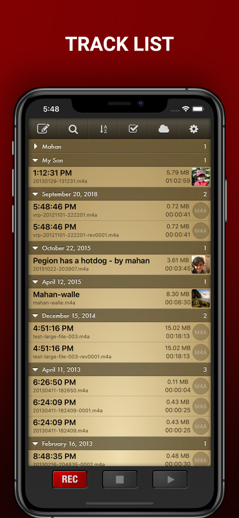 Voice Record Pro - Voice Record Pro track list screen showing a detailed list of organized audio recordings with timestamps and file information