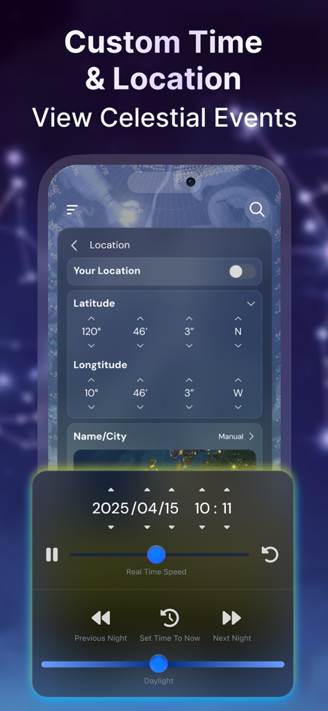 Star Gazer: Night Sky View Map - Una interfaz móvil para la aplicación Star Gazer que muestra configuraciones personalizadas de latitud y longitud con un selector de fecha y hora para ver eventos celestes.