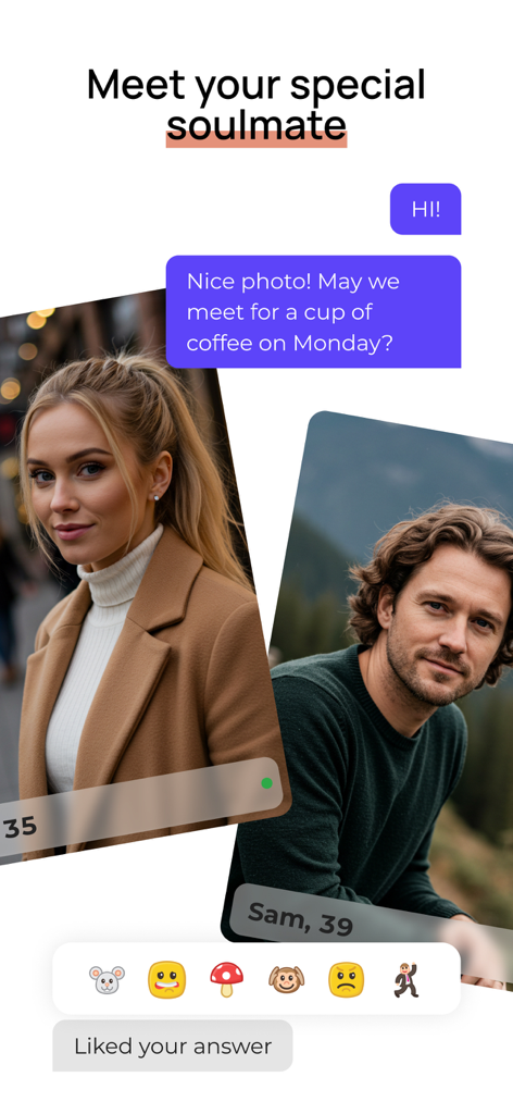 A screenshot of the EuroDate app showing profiles of a woman and a man with chat messages about meeting for coffee.