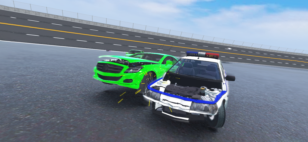 Car Crash — Battle Royale - High speed collision between a green car and a police car showing realistic engine damage and sparks in a car destruction simulator