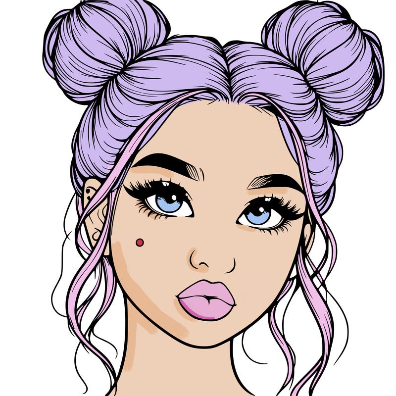 realistic girl with two buns on her hair and lips