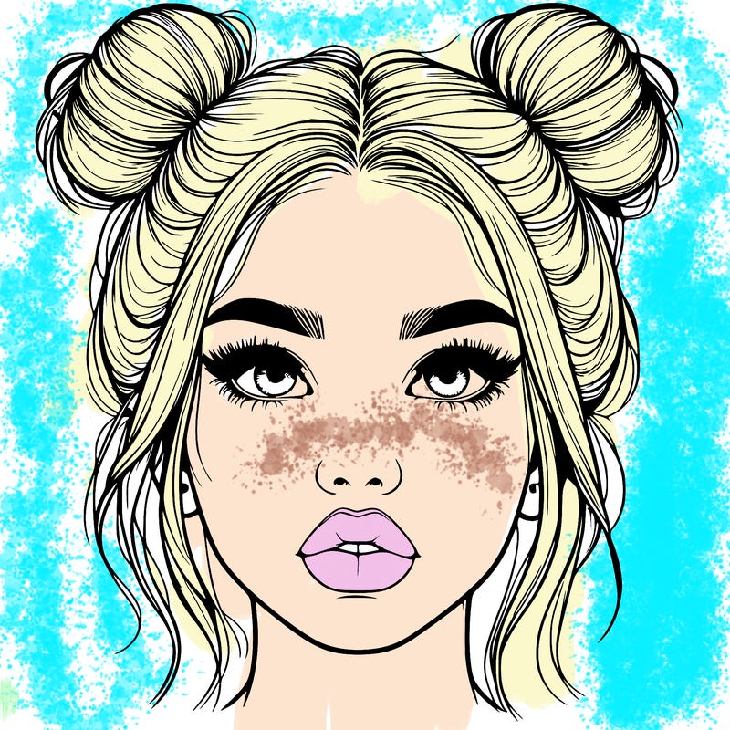 realistic girl with two buns on her hair and lips
