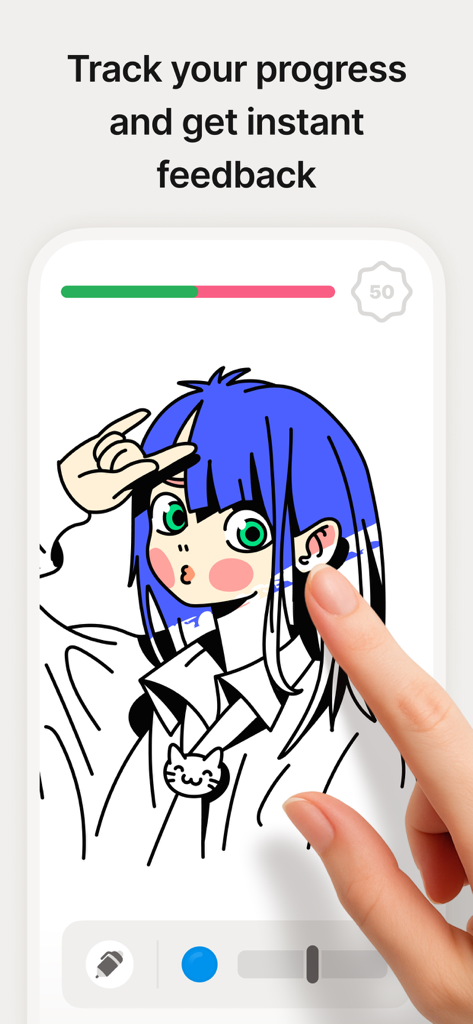 Skribly: Draw with friends - User sketching a blue haired anime character with progress bar feedback