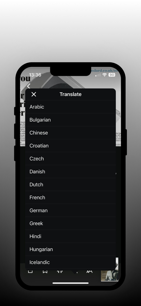 The London Standard - The London Standard app translation menu showing a list of supported languages for newspaper articles.