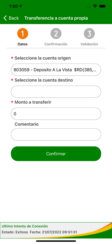 CLAPP mobile app screen for transferring money between own accounts with data entry fields and a confirmation button