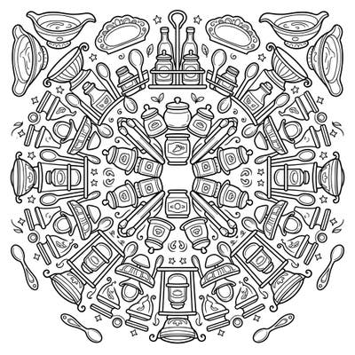 Dive into a unique culinary coloring adventure with this intricate condiment holders mandala. This symmetrical design features beautifully arranged sauceboats, jars, and spice racks, offering a relaxing and detailed coloring experience for all food enthusiasts.